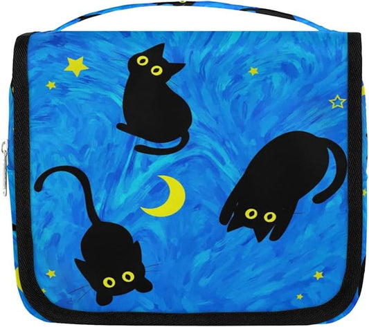 Cute Cat Travel Toiletry Bag with Hanging Hook for Women and Girls, DeepSkyBlue Cosmetic Makeup Case Organizer for Accessories, Shampoo, Full Sized Container, Toiletries