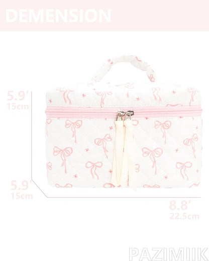 Quilted Makeup Bag Large Travel Zipper Soft Cosmetic Case for Women Girls Make Up,Bow Pink