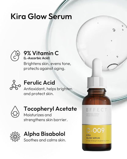 Kira Glow Serum Vitamin C 9% + Ferulic Acid, High-Potency L-Ascorbic Acid Serum for Face, Brightens & Fades Dark Spots, 1 Fl Oz