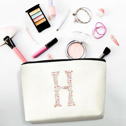 Initial Makeup Bag Floral H Personalized Cosmetic Bag Monogrammed Gifts for Women Girls Bride Mom Monogram Zipper Pouch for Teacher Appreciation Mothers Day Birthday Wedding Bridal Shower Gifts