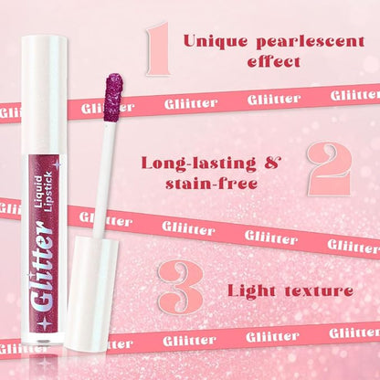 Dark Purple Metallic Lipstick for Women,Lightweight Glitter Sparkling Liquid Lipsticks,Shimmer Lip Gloss Stain Long Lasting Waterproof Smudge Proof Non-Drying 24 Hour Full Coverage Lip Makeup,Vegan