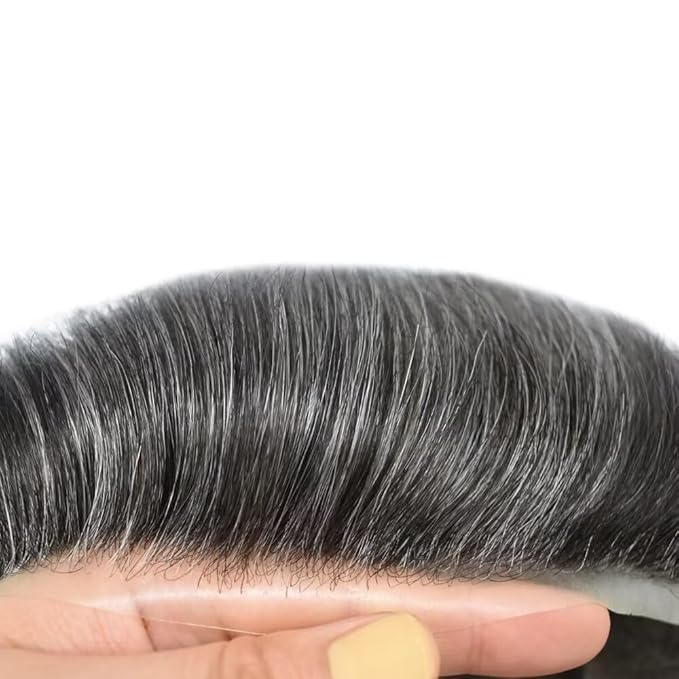 FACE MIRACLE Hair System for Men French Lace Mens Toupee Human Hair Replacement System Lace with PU Toupee for Men Male Hair Piece Wigs 7"X9" #1B60 Off Black with 60% Gray