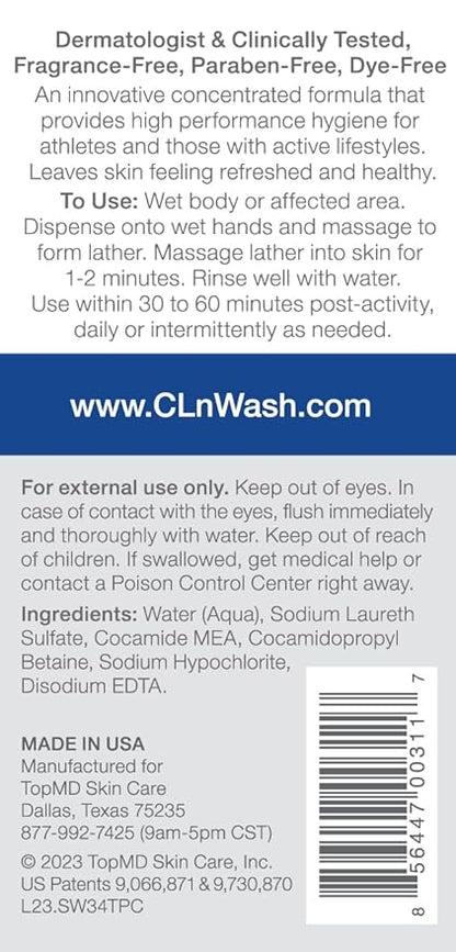 CLn® SportWash – High-Performance Sport Body Wash, For Men & Women Prone to Body Odor, Foot Odor, Ringworm, Folliculitis, & Back Acne, Fragrance-Free & Paraben-Free, 3.4 fl. oz.