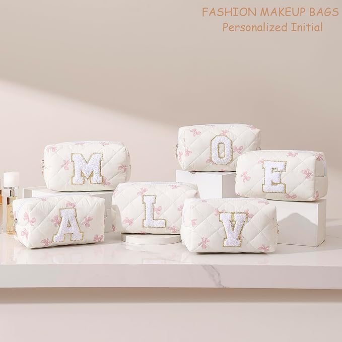 Gleyemor Personalized Initial Makeup Bag for Women, Cute Quilted Pink Floral Cotton Cosmetic Bag, Christmas Gifts for Her Mom Friend Sister Bridesmaid Teacher Women A