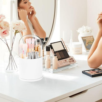 Yieach Rotating Acrylic Makeup Brush Holder with Lid for Vanity,Bathroom,Countertop,Covered Makeup Brushes Organizer,Round Spinning Cosmetic Brushes Holder and Make up Brush Storage with Cover,White