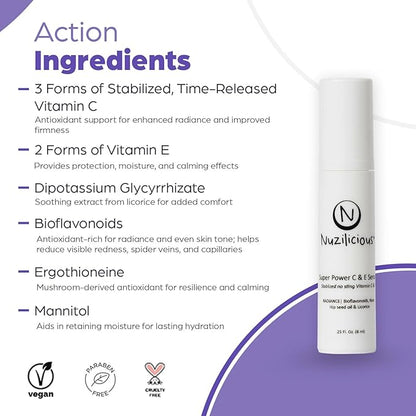 Professional Grade Super C & E Serum for Glowing Skin – Stabilized, Non-Stinging Vitamin C Formula – Vegan, Cruelty-Free, Anti-Dullness Face Serum, (0.25)