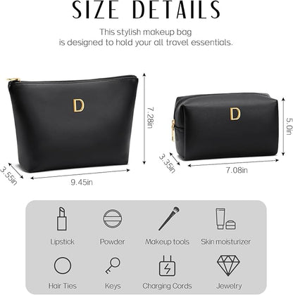 Women Gifts | Initial Makeup Bag Set for Girl Personalized Gifts for Bridesmaid Friend Graduation Teachers PU Leather Cosmetic Travel Toiletry Bag(Black,D)