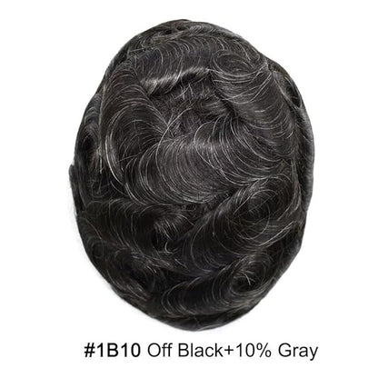 FACE MIRACLE Hair System for Men French Lace Mens Toupee Human Hair Replacement System Lace with PU Toupee for Man 6"X8" #1B10 1B# OFF BLACK WITH 10% SYNTHETIC GREY