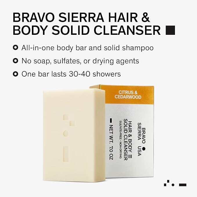 Bravo Sierra Body and Hair Mens Soap Bar, 2-Pack - All-In-One Shampoo & Soap for Face, Hair & Body - Citrus & Cedarwood, 7 oz - Coconut, Shea Butter & Oat Flour for Soft Skin & Healthy Hair