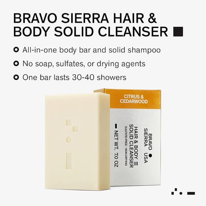 Bravo Sierra Body and Hair Mens Soap Bar, 2-Pack - All-In-One Shampoo & Soap for Face, Hair & Body - Citrus & Cedarwood, 7 oz - Coconut, Shea Butter & Oat Flour for Soft Skin & Healthy Hair