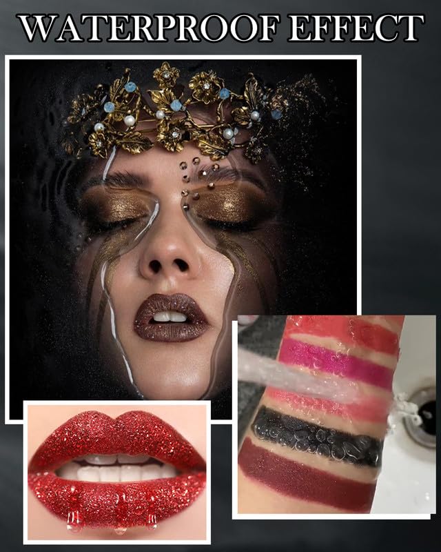 Black Diamond Glitter Matte Lipstick, Gothic Shiny Lip Gloss, Sparkling High Pigment Longlasting Waterproof Smudgeproof Non-Stick Lipstick, Bold Shimmer Lip Blam for Stage,Cosplay, Party Makeup-06