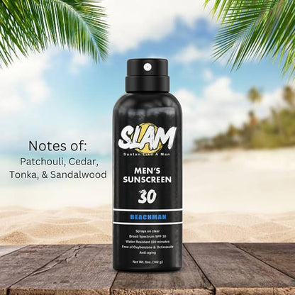 SLAM BeachMan Men's Scented Sunscreen Spray SPF 30 – Broad Spectrum Sun Screen for Face & Body, Water & Sweat Resistant Spray Sunscreen SPF 30, UVA/UVB Protection, Mens Sunblock