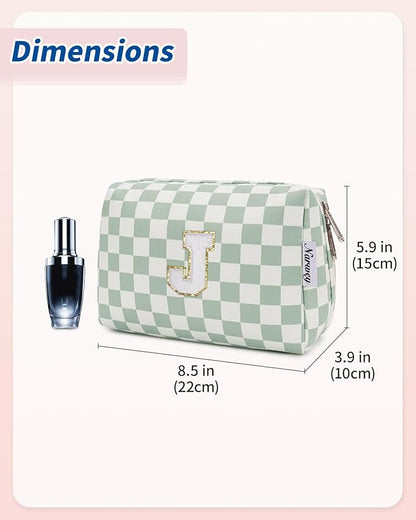 Narwey Birthday Gifts for Teen Girls Women Personalized Initial Checkered Makeup Bag Preppy Cosmetic Bag Trendy Stuff 6 8 10 11 12 13 14 16 18 Years Old Travel Toiletry Bag (Green Letter J)