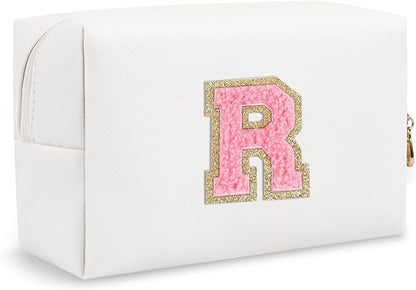 Small Travel Initial Preppy Makeup Bag, Personalized White Cute Cosmetic Organizer Chenille Letter Travel Toiltery Zipper Pouch, Waterproof PU Makeup Storage Gifts for Female Teacher Friend(Letter R)