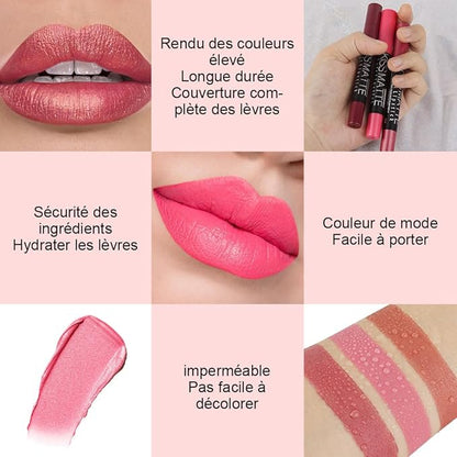evpct 3Pcs Light Natural Pink Metallic Matte Lip Liner Pencil Crayon and Lipstick Set Long Lasting Waterproof Matching Lipstick and Lip Liner Set 24 Hour labiales mate 24 horas originales 1&4&7
