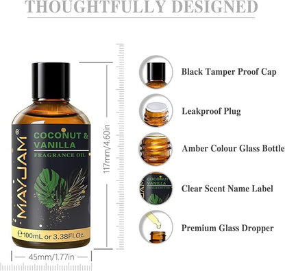 MAYJAM 100ML/3.38FL.OZ Coconut & Vanilla Fragrance Oils with Glass Dropper, Essential Oils for Diffusers for Home, Long Lasting Scented Oils for Diffusers Soap Candle Making