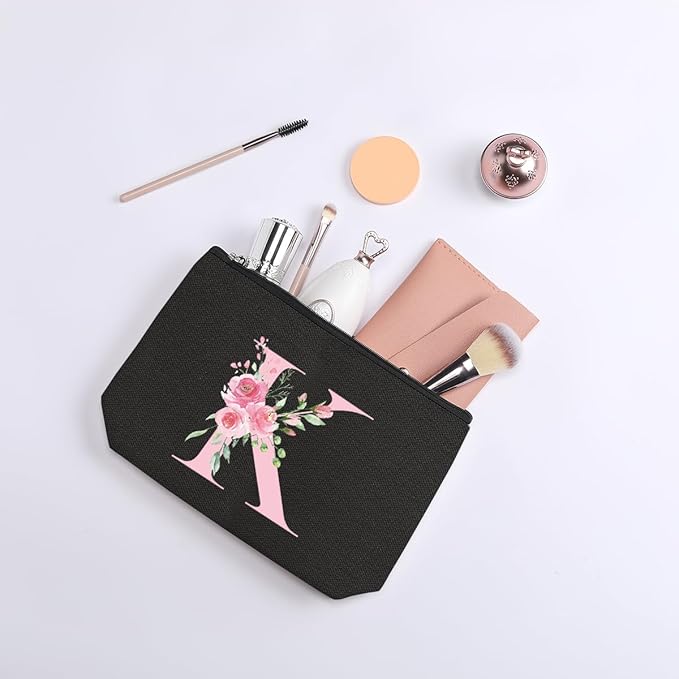 A-Z Personalized Cosmetic Bag Monogrammed Makeup Bags Bridesmaid Gifts Custom Toiletry Pouch Gifts for Women Mom Best Friend Sister Bride Bridesmaid (K)
