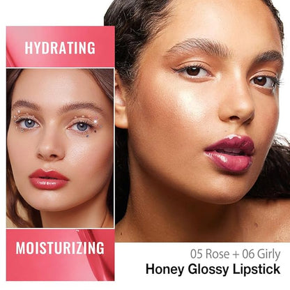 Kaely 2Pcs Honey Lipstick Tinted Lip Balm, Hydrating Shine Lipstick for Women Dry Lips, Moisturizing Nourishing Glossy Lip Gloss Stain Makeup, Sheer Lightweight, Vegan, 05 Rose+06 Girly