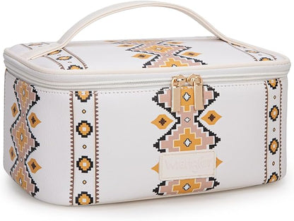 Montana West X Wrangler Travel Makeup Bag 2pcs Set Large Cosmetic Bag with Makeup Brush Holder Portable Make Up Organizer Cute Toiletry Bag with Divider and Handle for Women Aztec