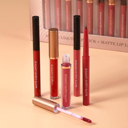 BestLand 12Pcs Matte Liquid Lipstick + Lip Liner Pens Set, One Step Lips Makeup Sets Pigment Velvety Nude Lip Stain Waterproof Long Wear Lip Gloss Make up Gift Set (Set B)