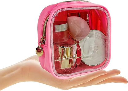 2PCS Pink clear Cosmetic Pouch Travel Cosmetic Case 5x5x2 inch Small Transparent Toiletry Pouch with Zipper Portabble Makeup Organizer for Women and Essentials
