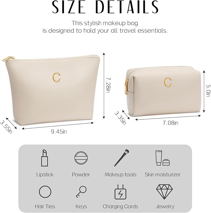 Women Gifts | Initial Makeup Bag Set for Girl Personalized Gifts for Bridesmaid Friend Graduation Teachers PU Leather Cosmetic Travel Toiletry Bag(Beige,C)