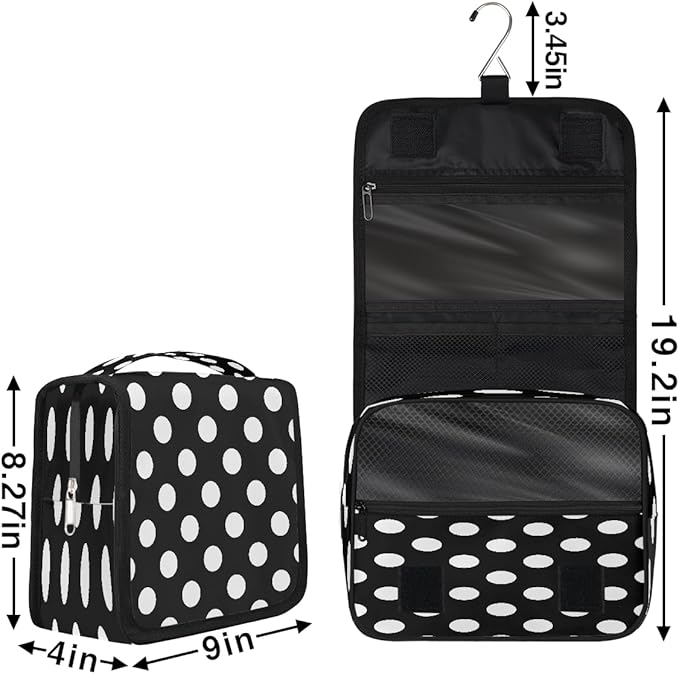 Travel Toiletry Bag for Women & Men White Black Polka Dot Hanging Cosmetic Organizer Portable Waterproof Makeup Case Make Up Bag with Compartments Travel Essentials for Bathroom Shower