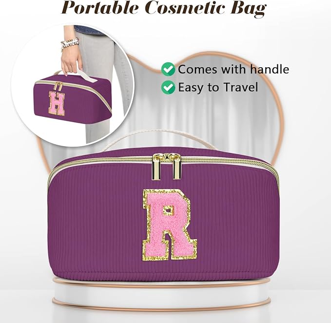 Personalized Initial Makeup Bag,Christmas Gifts for Girl,Preppy Bag Cosmetic Travel Bag Women,Travel Toiletry Organizer,Large Capacity Corduroy Stuff Bag,Cute Cosmetic Pouch Skincare Bag-V