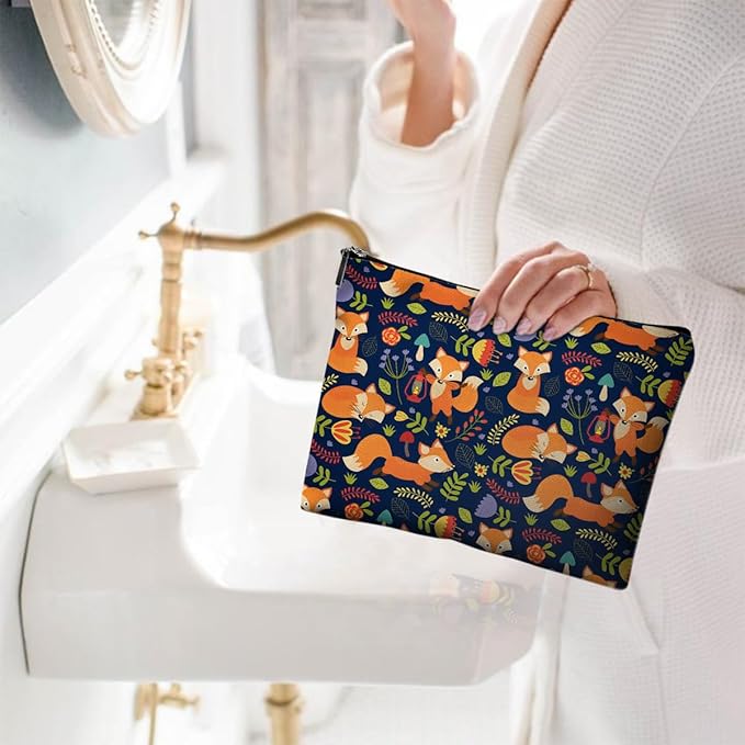 Small Makeup Bag for Purse Cute Canvas Waterproof Cosmetic Bags for Women Zipper Travel Toiletry Pouch-Fox Makeup Bags