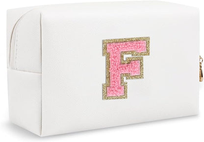 Small Initial Preppy Makeup Bag, Personalized Travel Cosmetic Organizer Chenille Letter White Toiletry Zipper Pouch, Portable Waterproof Makeup Case Gifts for Friends Female Friendship(Letter F)