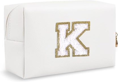 Personalized Small Travel Preppy Makeup Bag,Chenille Letter White Initial Cosmetic Pouch Travel Toiletry Organizer, Waterproof PU Leather Makeup Storage Birthday Gift for Women Best Friends(Letter K)