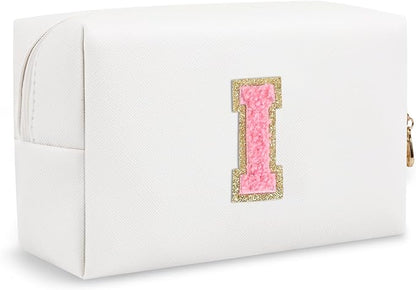 Personalized Small Travel Preppy Makeup Bag, Initial Cute Chenille Letter Cosmetic Organizer Toiletry Pouch, Waterproof Portable PU Monogram Make Up Case Preppy Stuff for Women Friends(Letter I)