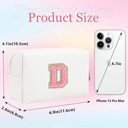 Small Personalized Letter Makeup Bag, Cute PU Leather Chenille Letters Cosmetic Bag Travel Makeup Pouch, Preppy Travel Organizer Zipper Pouch for Women&Girls（WhitePink-D）