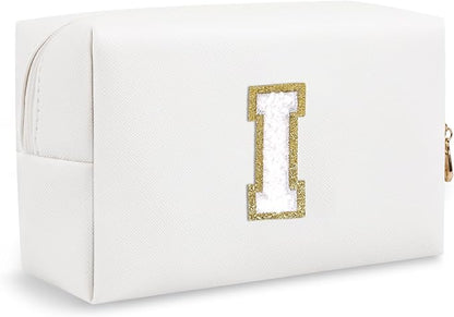 Personalized Small Travel Preppy Makeup Bag, Initial Cute Chenille Letter Cosmetic Organizer Toiletry Pouch, Waterproof Portable PU Monogram Makeup Case Gift for Women Girl Teacher Mom(Letter I)