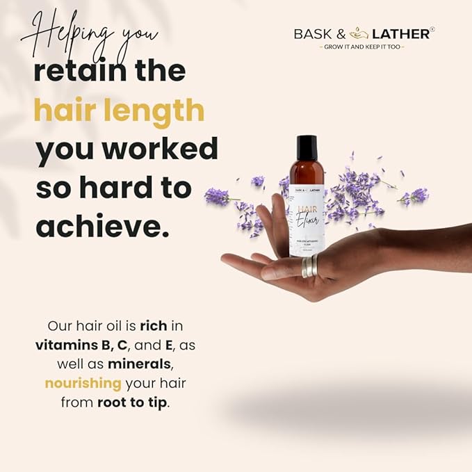 BASK & LATHER Elixir Hair Strengthening Oil, Jamaican Black Castor Oil, For Volume, Thickness, Detangle, De Frizz, Conditions New Hair Growth, 4 fl oz