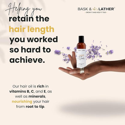 BASK & LATHER Elixir Hair Strengthening Oil, Jamaican Black Castor Oil, For Volume, Thickness, Detangle, De Frizz, Conditions New Hair Growth, 4 fl oz