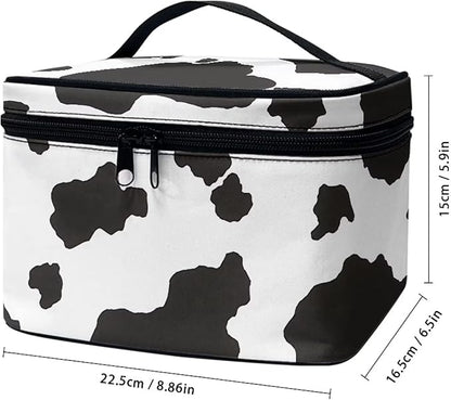 White Black Cow Cowhide Cute Print Portable Makeup Bags for Women Large Capacity Cosmetic Organizer and Storage Pouch with Zipper and Handle Travel Toiletry Accessories
