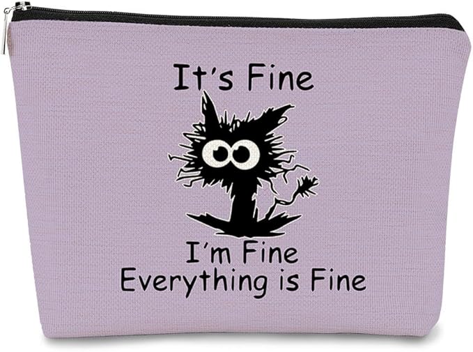 Funny Cute Cat Makeup Bag,Cat Lover Gifts For Women,Its Fine Im Fine Everythings Fine,Black Cat Cosmetic Bag Small Pouch,Birthday Gift,Coworker Gifts(Purple)