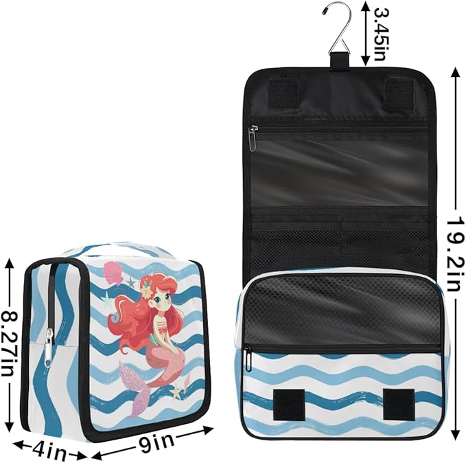 Cute Mermaid Travel Toiletry Bag with Hanging Hook for Women and Girls, Ocean Sea Starfish Cosmetic Makeup Case Organizer for Accessories, Shampoo, Full Sized Container, Toiletries