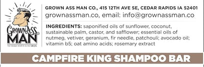Grown Ass Man Co. - Solid Shampoo Bar Rich Lather 3 in 1: Hair, Beard & Body Wash - Plastic Free & Eco-Friendly, Natural & Organic Clean for All Hair Types, 4oz Bar (Campfire King, 3-Pack)