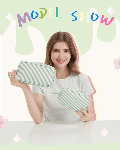 Narwey Small Makeup Bag for Purse Travel Makeup Pouch Mini Cosmetic Bag Zipper Pouch for Women (Mint Green Stripe, Small)