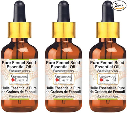 Greenwood Essential Pure Fennel Seed Essential Oil (Foeniculum vulgare) with Glass Dropper Steam Distilled (Pack of Three) 100ml X 3 (10.1oz)