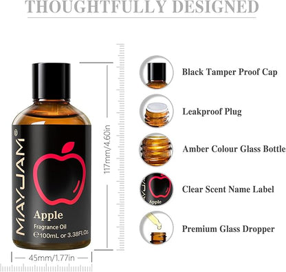 MAYJAM 100ML/3.38FL.OZ Apple Fragrance Oils with Glass Dropper, Essential Oils for Diffusers for Home, Long Lasting Scented Oils for Diffusers Soap Candle Making