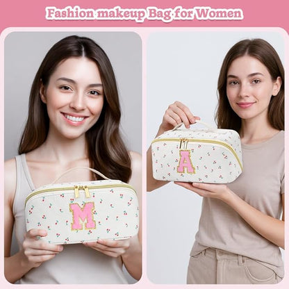 Personalized Travel Makeup Bag Set,Initial Travel Cute Cherry Makeup Organizer Bag,Toiletry Skincare Cosmetic Bag,Christmas Gifts for Women/Girls,Open Flat Toiletry Pouch with Brush Pocket-W