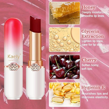 BINGBRUSH Peach Color Changing Lipstick,Moisturizer Long Lasting Lip Care Lip Balm Magic Lip Gloss Lip Tint Stain Gloss Set for Women (3Pcs Peach+Strawberry+ Red Cherries Lipstick)