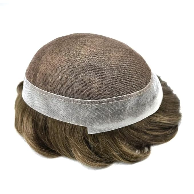 FACE MIRACLE Mens Toupee Lace Front Hairpieces Soft Human Hair Replacement System Natural Hairline Toupee for Men French Lace Poly V-Looped Mens hair Units 7"X9" #1720 Dark Ash Blonde with 20% Gray