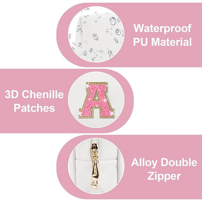 Small Personalized Initial A-Z Patch Makeup Bag,White Cute PU Leather Glitter Letter Cosmetic Bag for Teen Girls,Travel Toiletry Bag with Zipper,Preppy Monogrammed Birthday Gift for Daughter Niece A