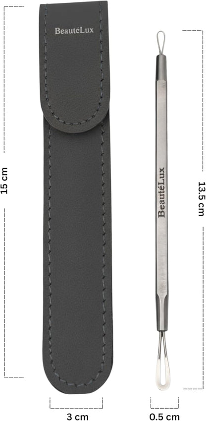 Blackhead Removal Tool, 2-in-1 Acne Extractor Tool - Stainless Steel Blackhead/Whitehead Remover for Face/Nose, Grey Leather Pouch