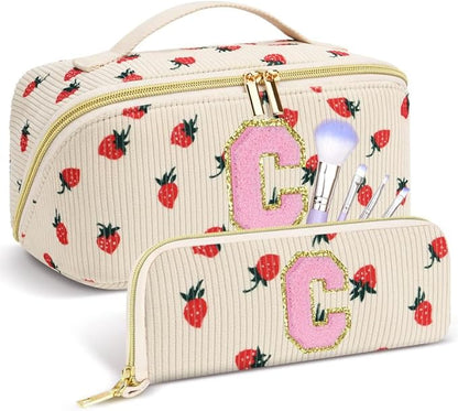 Personalized Travel Makeup Bag Set,Initial Travel Strawberry Makeup Organizer Bag,Toiletry Skincare Cosmetic Bag,Christmas Gifts for Women/Girls,Open Flat Toiletry Pouch with Brush Pocket-C