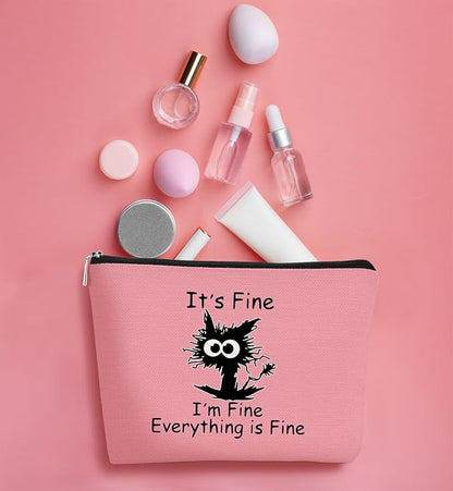 Cat Makeup bag It's Fine Everything is Fine Inspirational Funny Cat Kitten,Cosmetic Bag Zipper Travel Toiletry Bag， Gift Idea for Cat Lovers Teen Girls,Cat Owners Gifts,Birthday Gift(Pink)